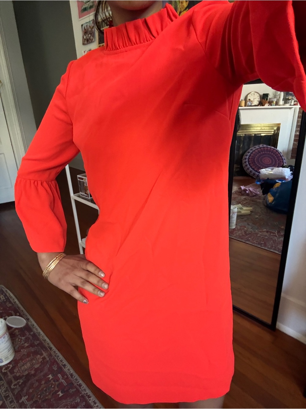 J. Crew Coral-Red Ruffle-Neck Mini Dress
